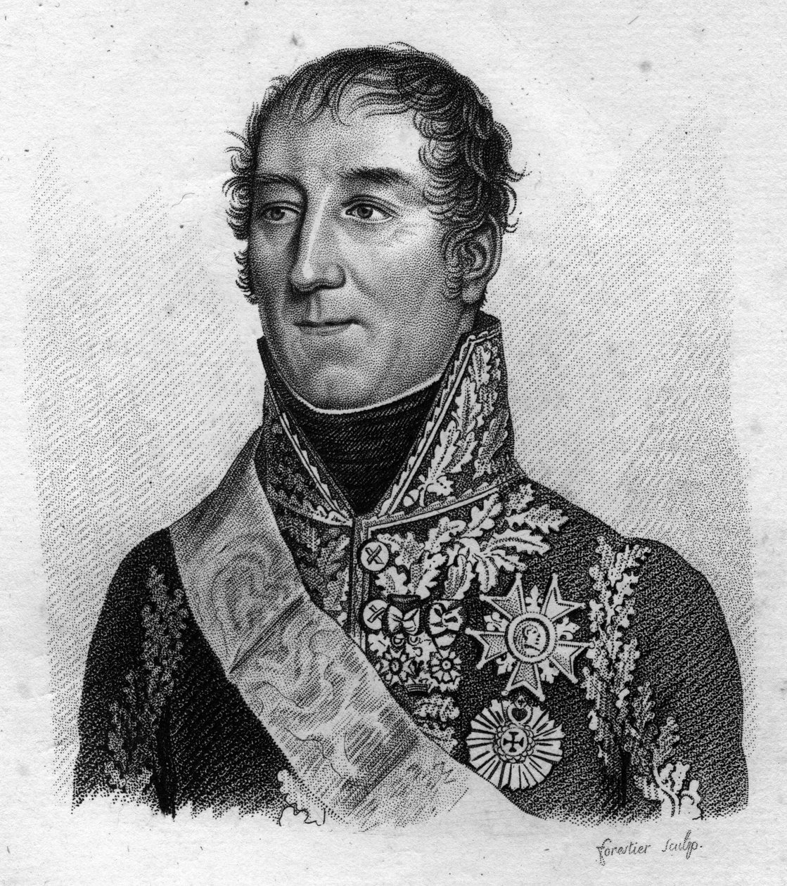 Porträtt av marskalk Mortier. Adolphe Edouard Casimir Joseph Mortier, hertig av Treviso, fransk marskalk och politiker (1768 - 1835) i ”Porträtt av de franska generalerna efter fransmännens segrar och erövringar””. Graverad av Ambroise Tardieu år 18 av Ambroise Tardieu