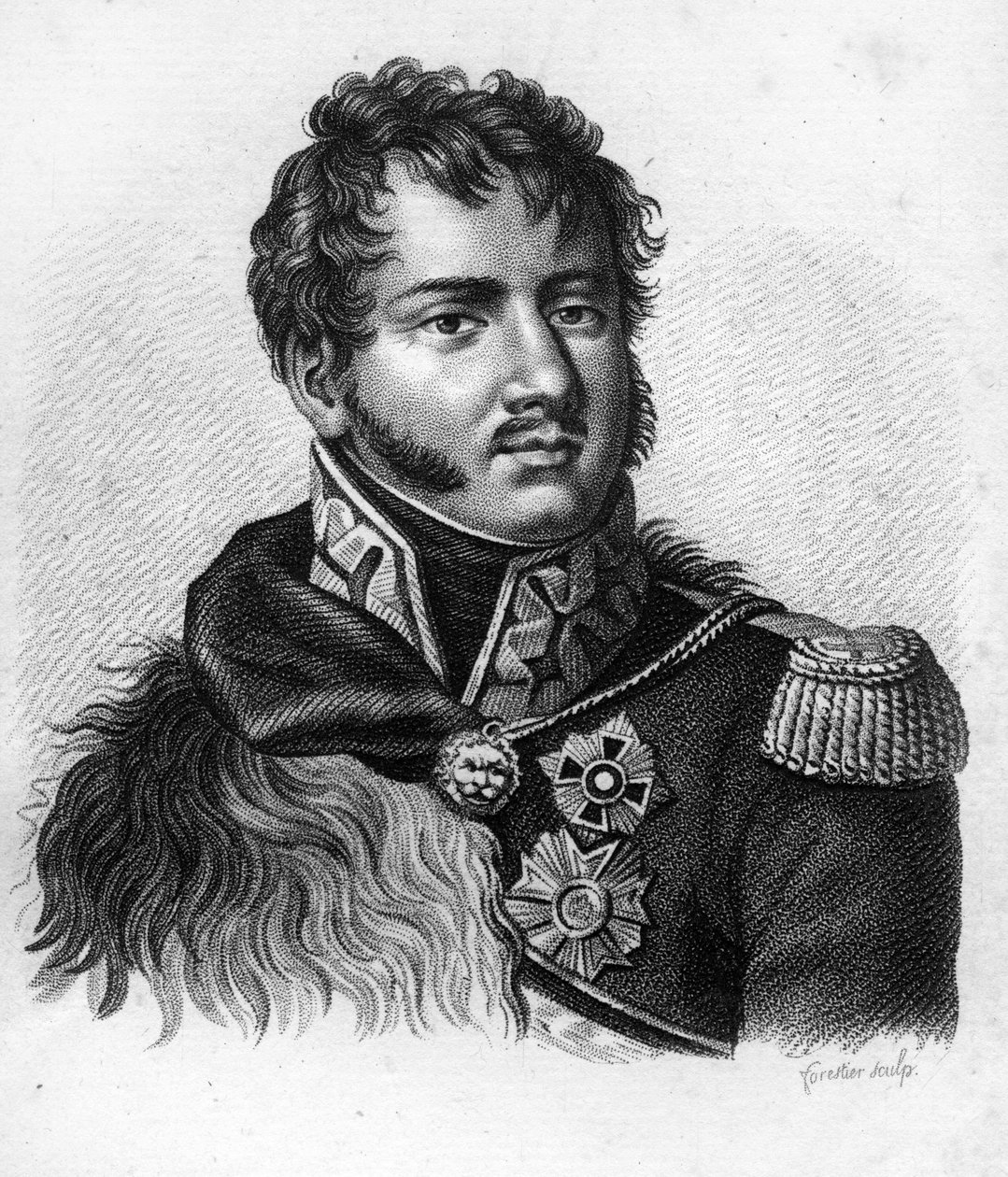 Prins Joseph (Jozef) Antoni Poniatowski (1763-1813), polsk officer, marskalk av imperiet.I "" Porträtt av de franska generalerna efter fransmännens segrar och erövringar"". Graverad av Ambroise Tardieu 1818. Stella Collection. av Ambroise Tardieu