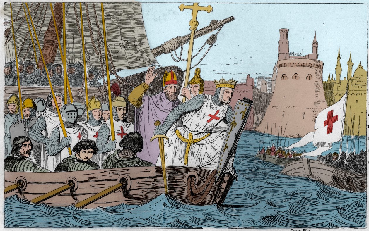 Sjunde korståget: Kung Saint Louis (1214-1270) och korstågen som belägrade Damiette i juni 1249 i Nedre Egypten - Sjunde korståget till det heliga landet 1248-50 - Saint Louis IX (1214-70) leder sina trupper i strid - Gravyr av 1825 i ”Histoire de France r av Ambroise Tardieu
