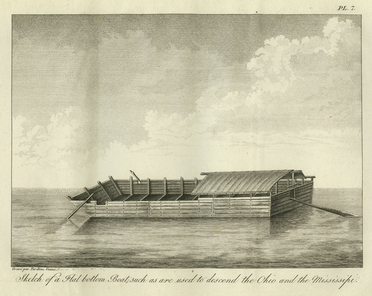 Skiss över en båt med platt botten, som används för att ta sig nerför Ohio och Mississippi, publicerad 1826. av Ambroise Tardieu