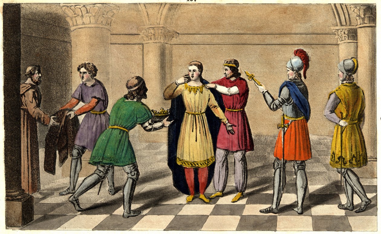 Thierry III tas från klostret Saint Denis för att resa sig till tronen. Designad och graverad av Ambroise Tardieu 1825. av Ambroise Tardieu