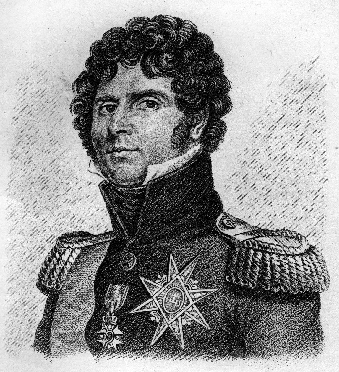 porträtt Charles Jean - Baptiste Bernadotte (1763-1844), marskalk av Frankrike, kung Karl XIV av Sverige och Norge.I ”Porträtt av de franska generalerna””. Graverad av Ambroise Tardieu 1818. Stella Collection av Ambroise Tardieu