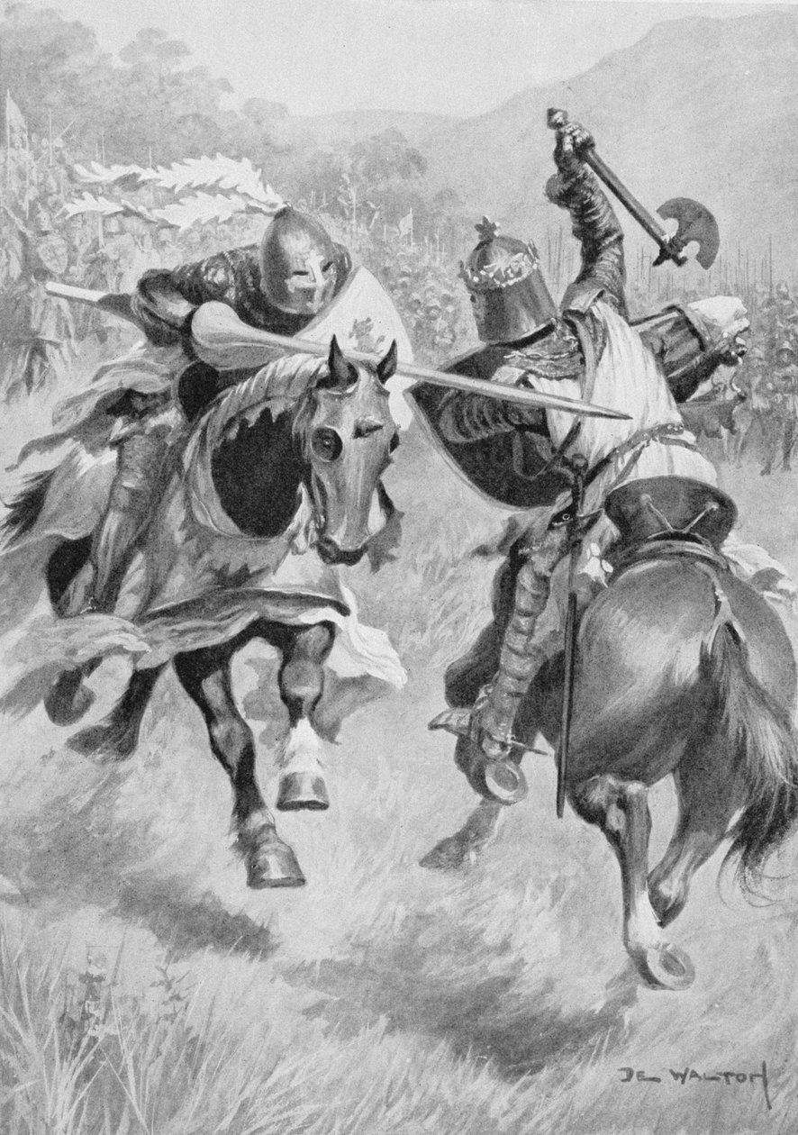 Möte mellan Robert Bruce (1274-1329) och Sir Henry de Bohun (1276-1322) illustration från British Battles on Land and Sea redigerad av Sir Evelyn Wood (1838-1919) först publicerad 1915 (färg litho) av Ambrose de Walton