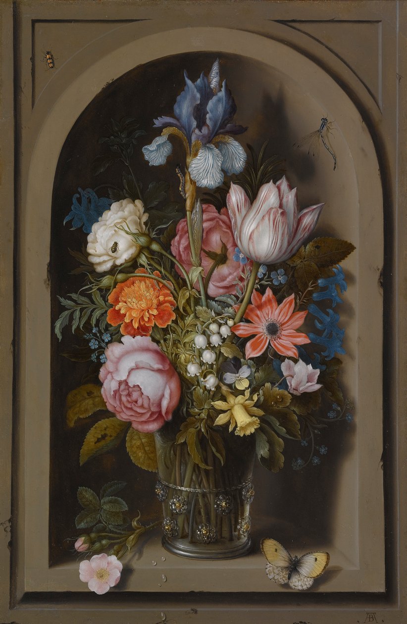 Ett stilleben av blommor i en glasbägare i en marmornisch av Ambrosius the Elder Bosschaert