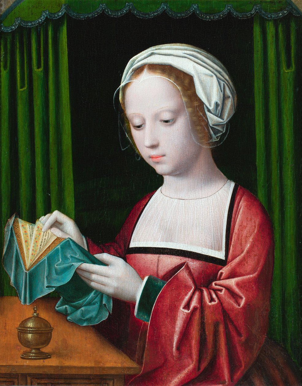 Magdalenaläsningen (olja på panel) av Ambrosius (follower of) Benson