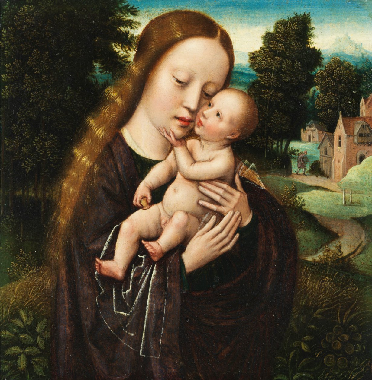 Ambrosius Benson Maria med barnet i landskap av Ambrosius Benson