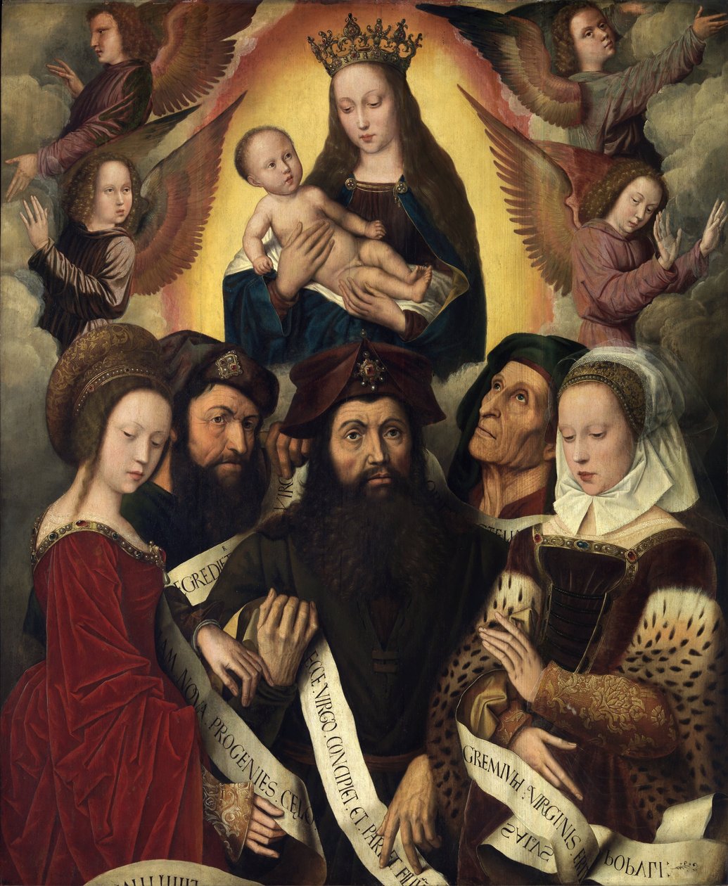 Holländska: Maria med barnet omgiven av änglar, profeter och sibyllor Deipara Jungfrun av Ambrosius Benson