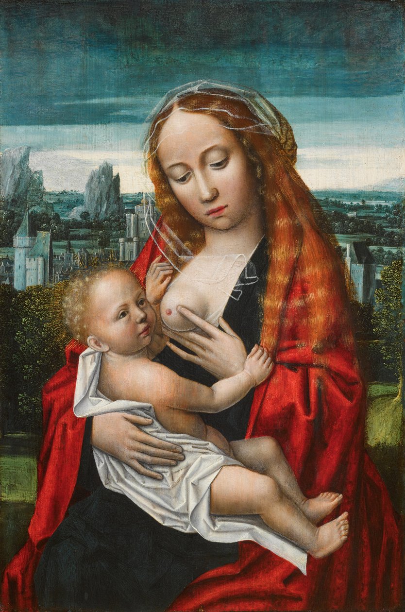 Holländska: Maria och barnet sitter framför ett landskap Jungfrun och barnet av Ambrosius Benson