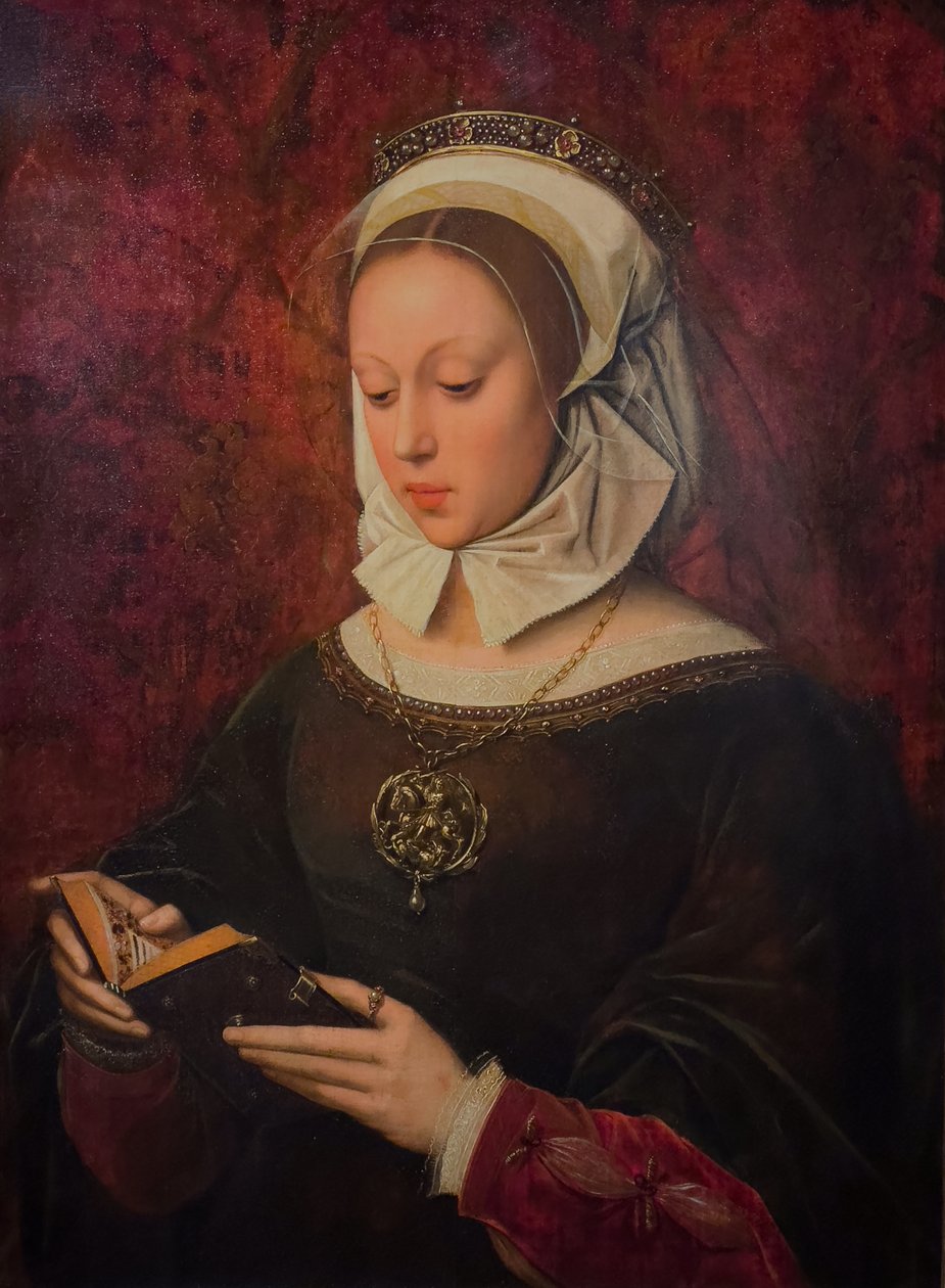 Ung kvinna i bön, läsande i en timbok, ca 1520-1530 (Olja på trä) av Ambrosius Benson