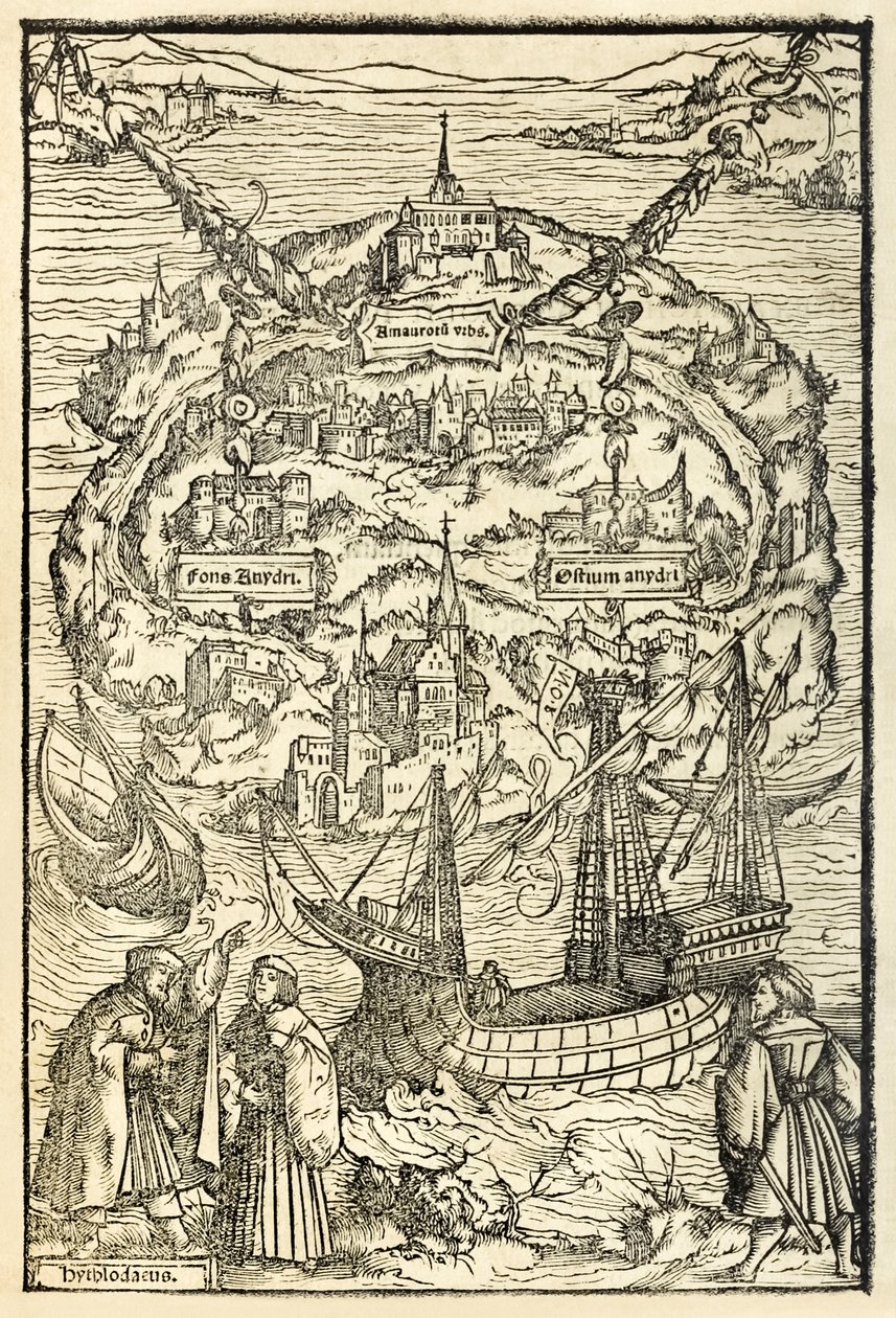 Karta över New Island of Utopia från en utgåva av Utopia från 1518 av Sir Thomas More (1478-1535), publicerad första gången 1516. Träsnitt av Ambrosius Holbein (ca 1494-c. 1519) som visar ön med huvudpersoner av Ambrosius Holbein
