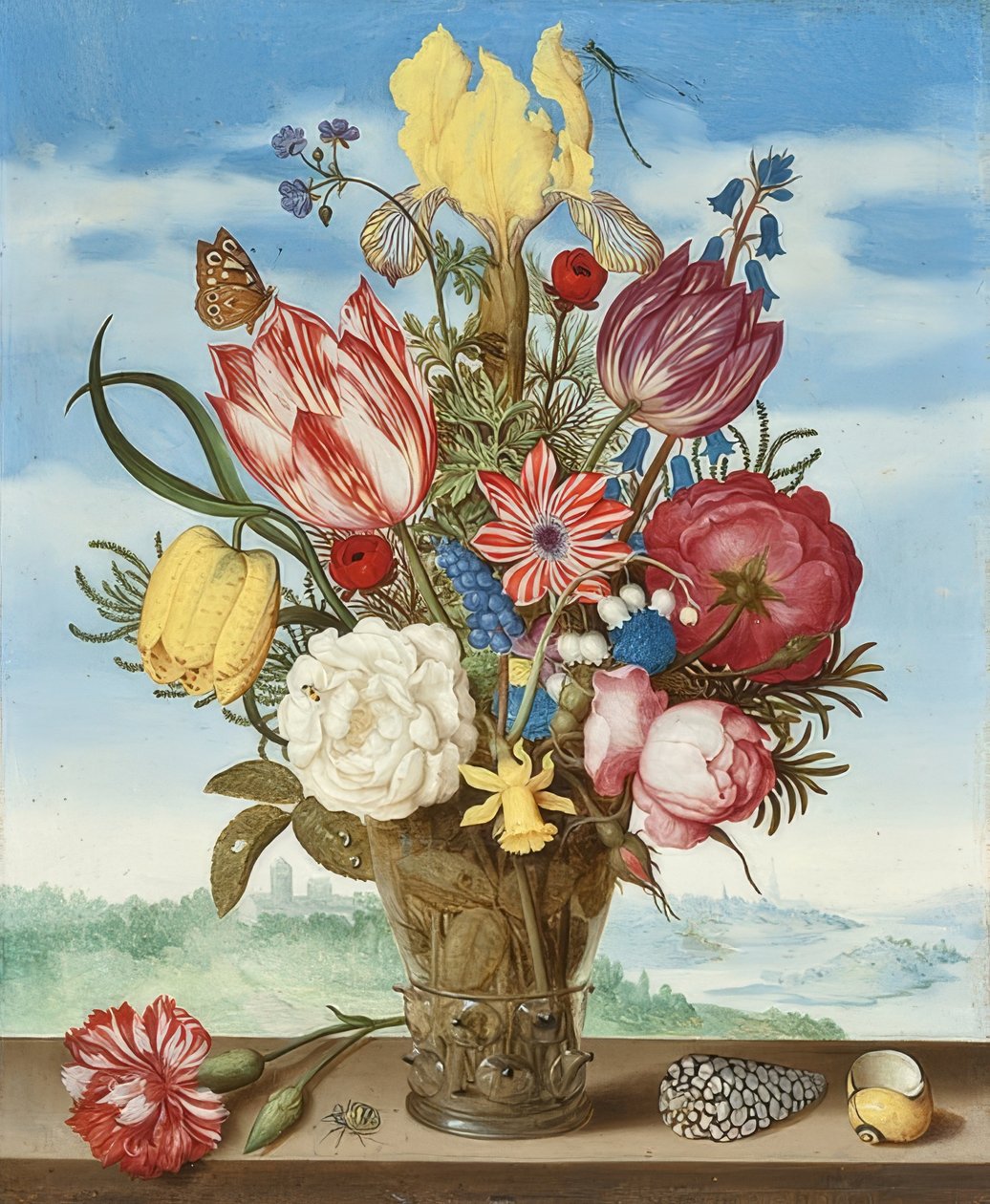 Bukett blommor på en avsats. 1619 av Ambrosius the Elder Bosschaert
