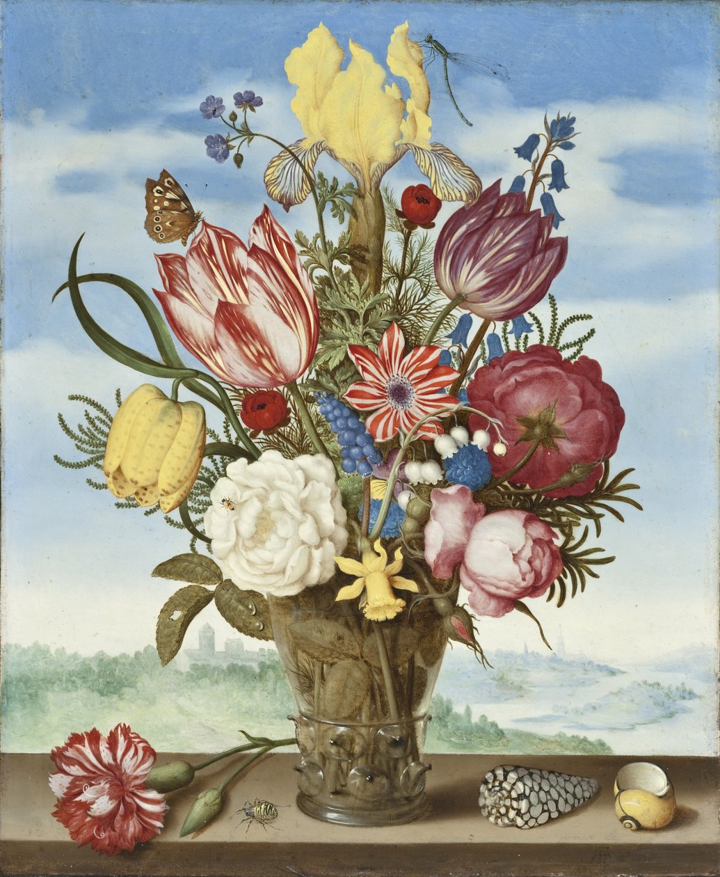Bukett blommor på en avsats av Ambrosius the Elder Bosschaert