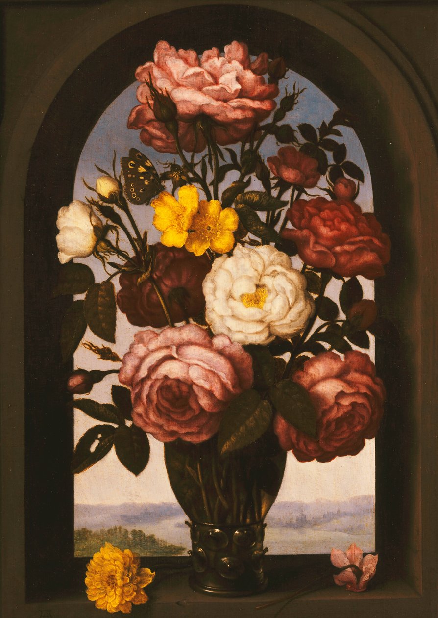 Rosor i en Roemer med en turbansmörblomma och ett sugbröd i en ram, ett flodlandskap bortom, av Ambrosius the Elder Bosschaert