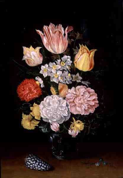 Stilleben av blommor med skal (olja på panel) av Ambrosius the Younger Bosschaert