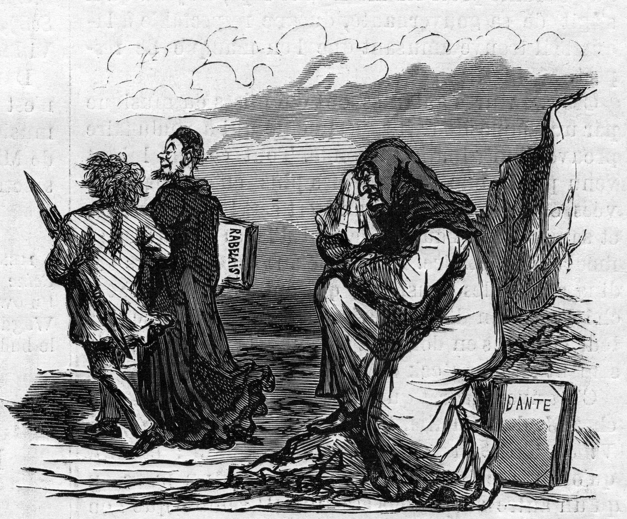 Stackars Dante börjar gråta när han ser Gustave Dore arm-och-arm-och-arm-ned med den lille Rabelais-mannen. Tecknad av Cham. Gravyr i "" Le Monde Illustré"" nr 821 den 4 januari av Amédée de Noé