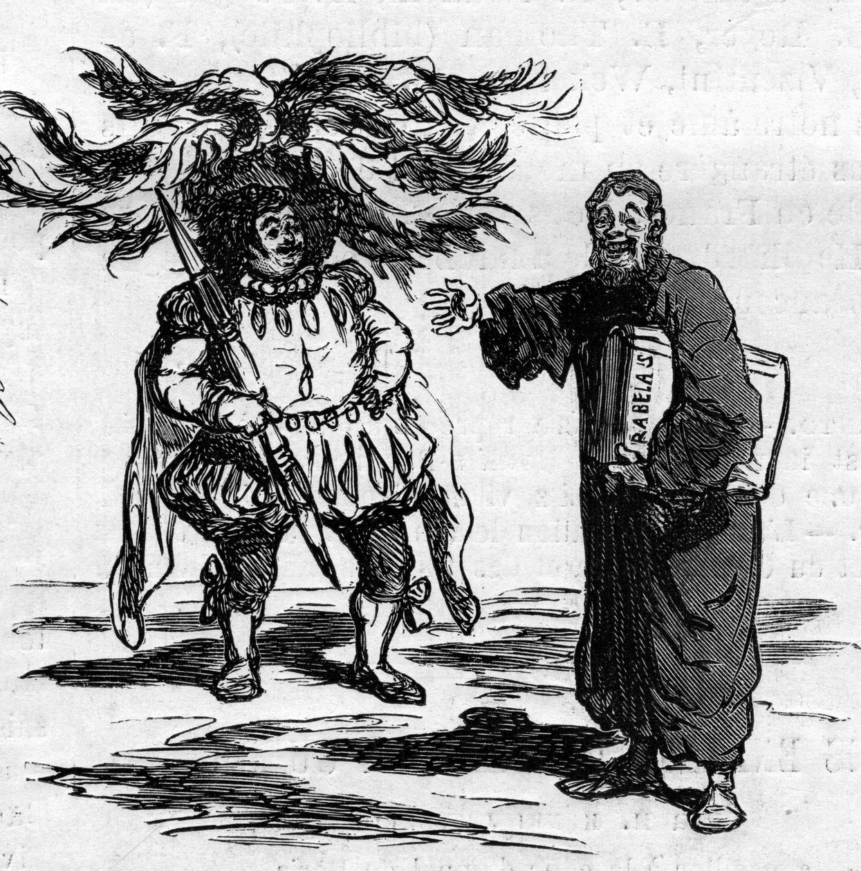 Glädjen över att Rabelais ser Gustave Dore identifierar sig helt med männen i hans författarskap. Tecknad av Cham. Gravyr i "" Le Monde Illustré"" nr 821 den 4 januari av Amédée de Noé