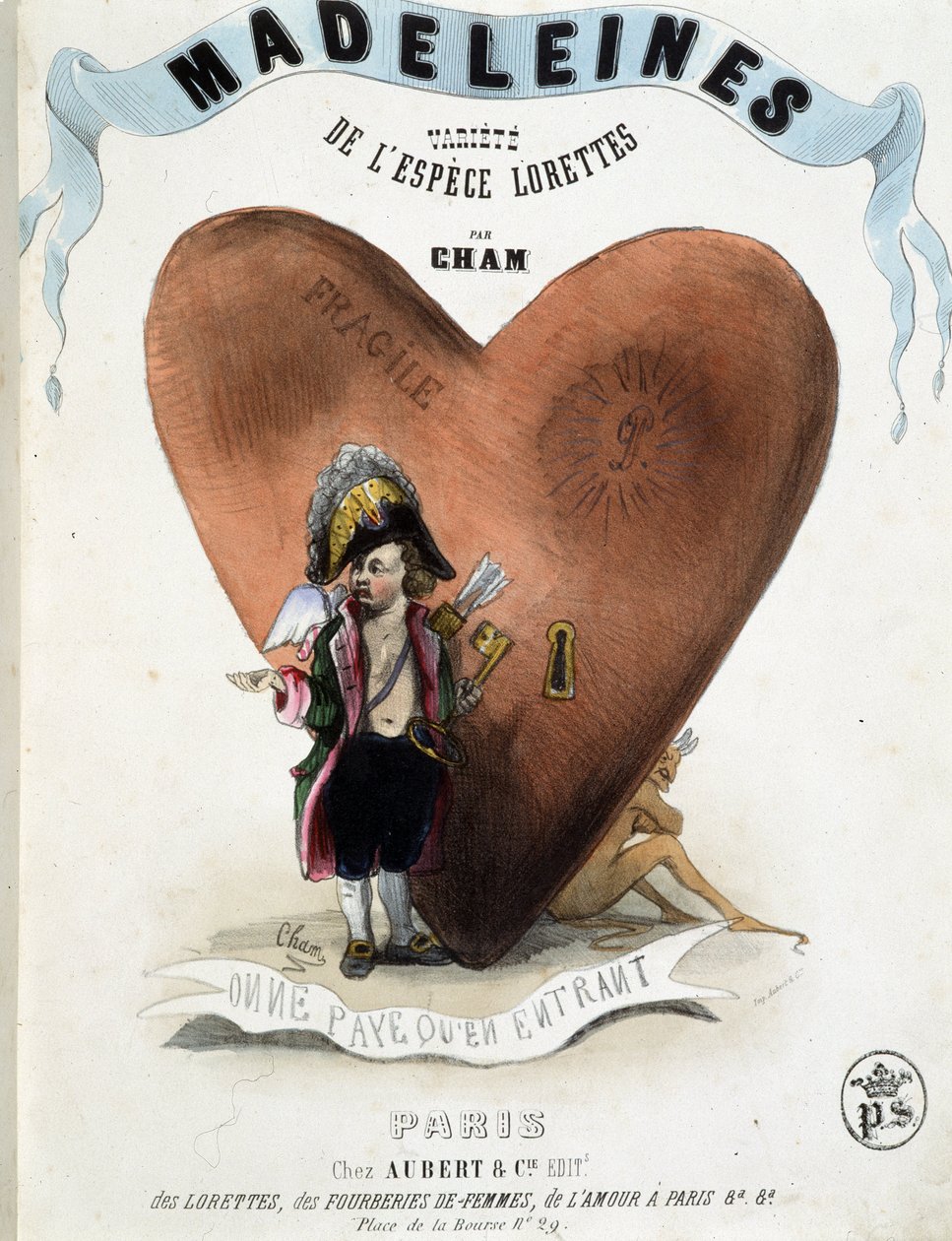 Man betalar endast när man går in (karikatyr av Amor (Eros) innan ett hjärta gömmer en djävul) - i "" Madeleines"" av Cham, v.1870-1880 av Amédée de Noé
