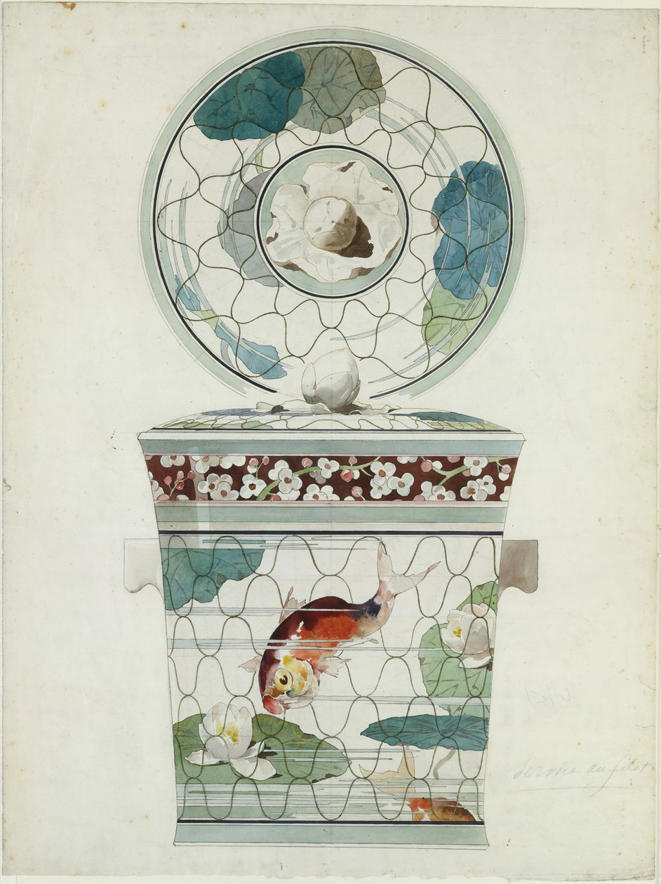 Design för ett täckt fat i Service au Filet Fish Net Ware..., 1875-85. av Amédée de Caranza.