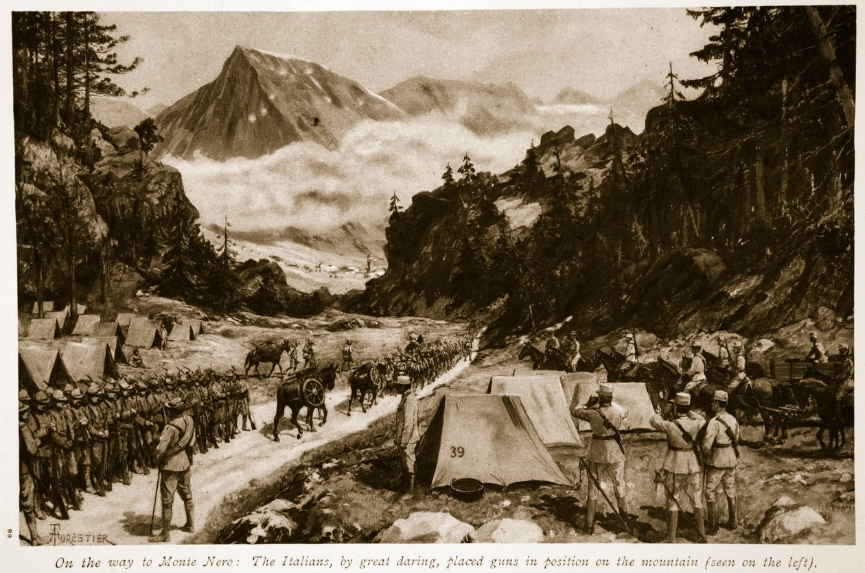 På väg till Monte Nero: Italienarna placerade med stor djärvhet ut kanoner på berget, 1914-19 av Amedee Forestier