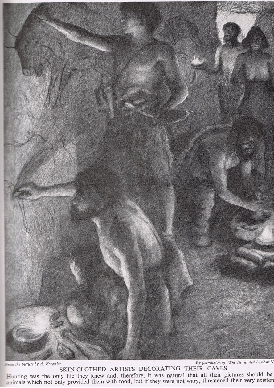 Hudklädda konstnärer som dekorerar sina grottor, illustration från 