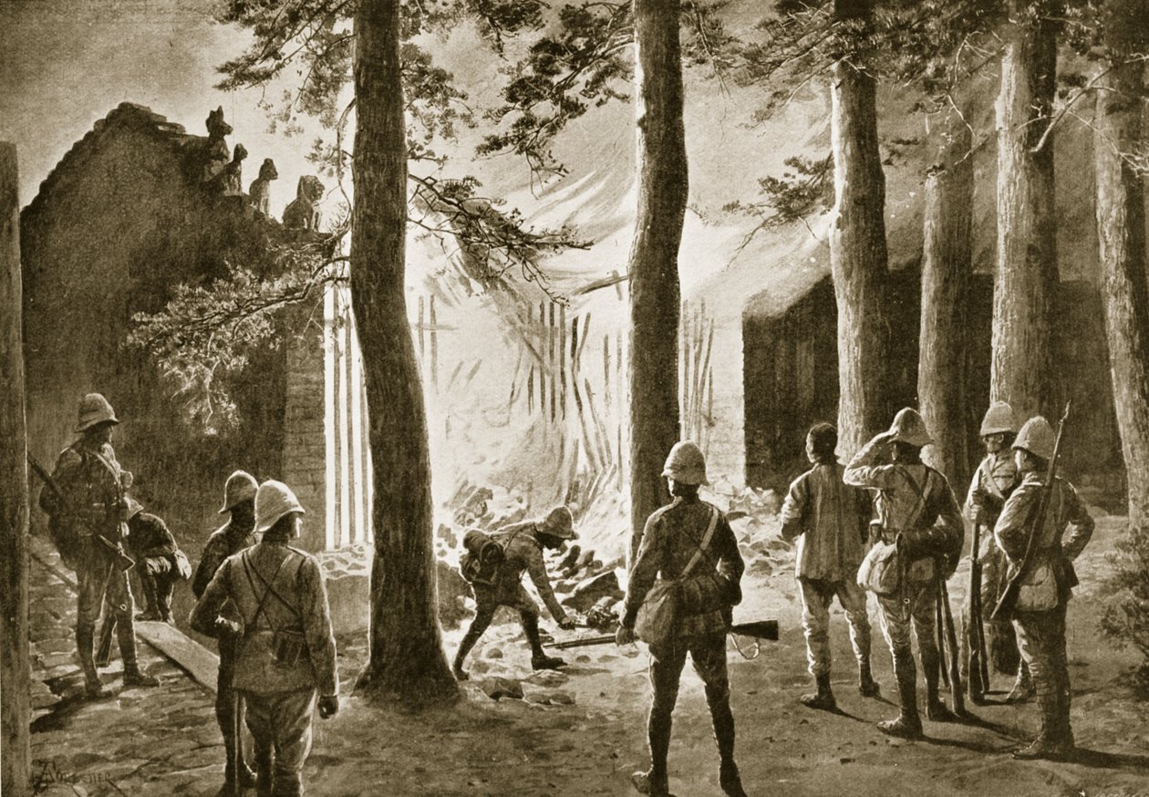 Förstörelsen av ett kinesiskt tempel på stranden av Pei-Ho av Amedee Forestier