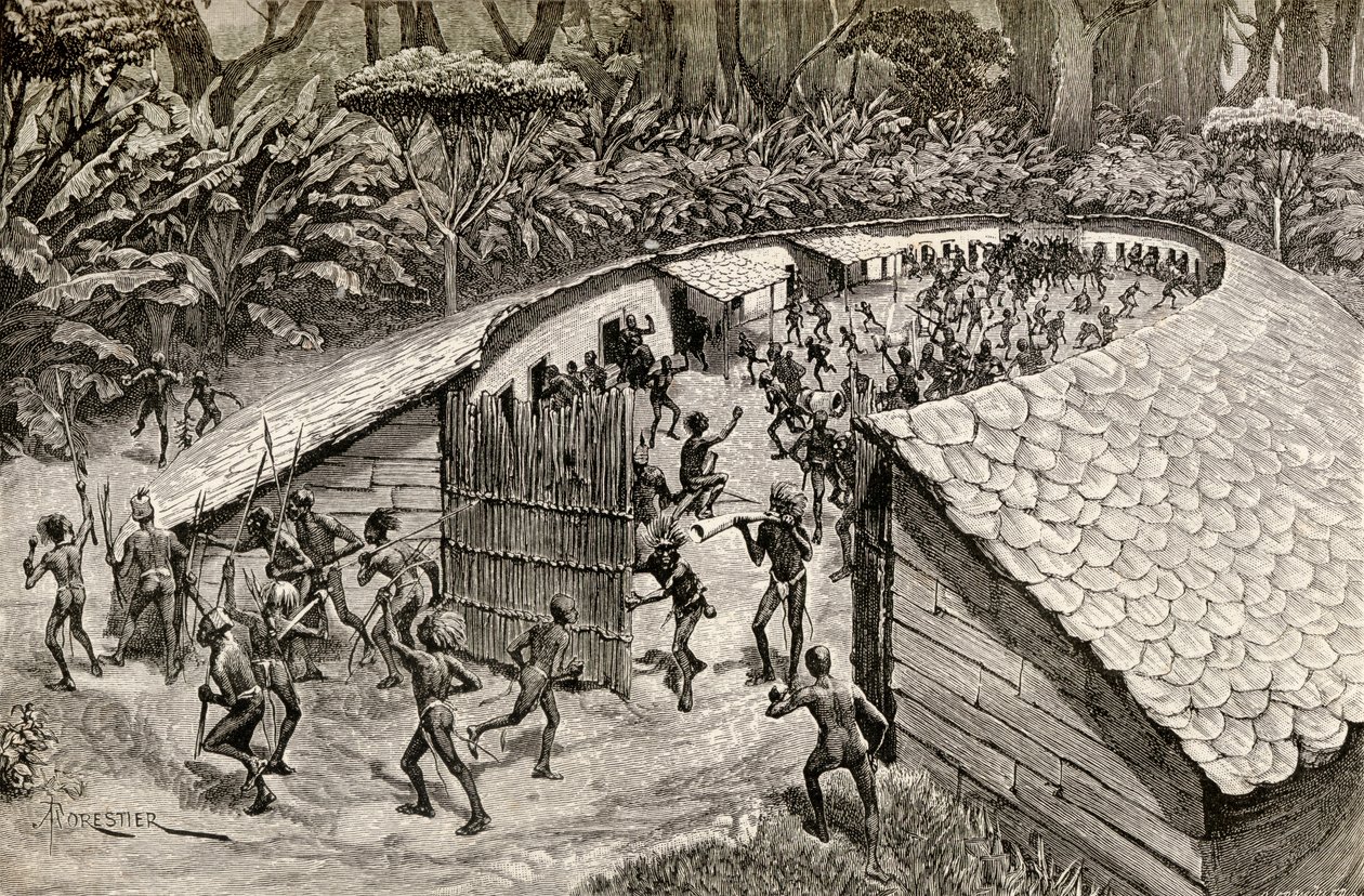 De infödda i Iyugu förbereder sig för krig, 1890 (trästick) av Amedee Forestier