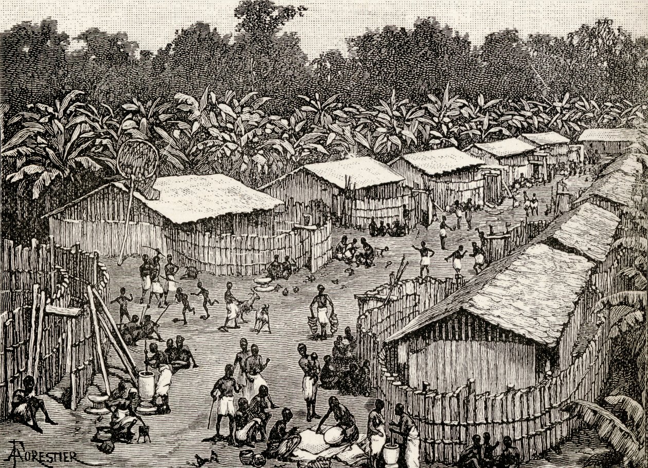 Vy över Utiri by, Tanzania, 1890 (trägravyr) av Amedee Forestier