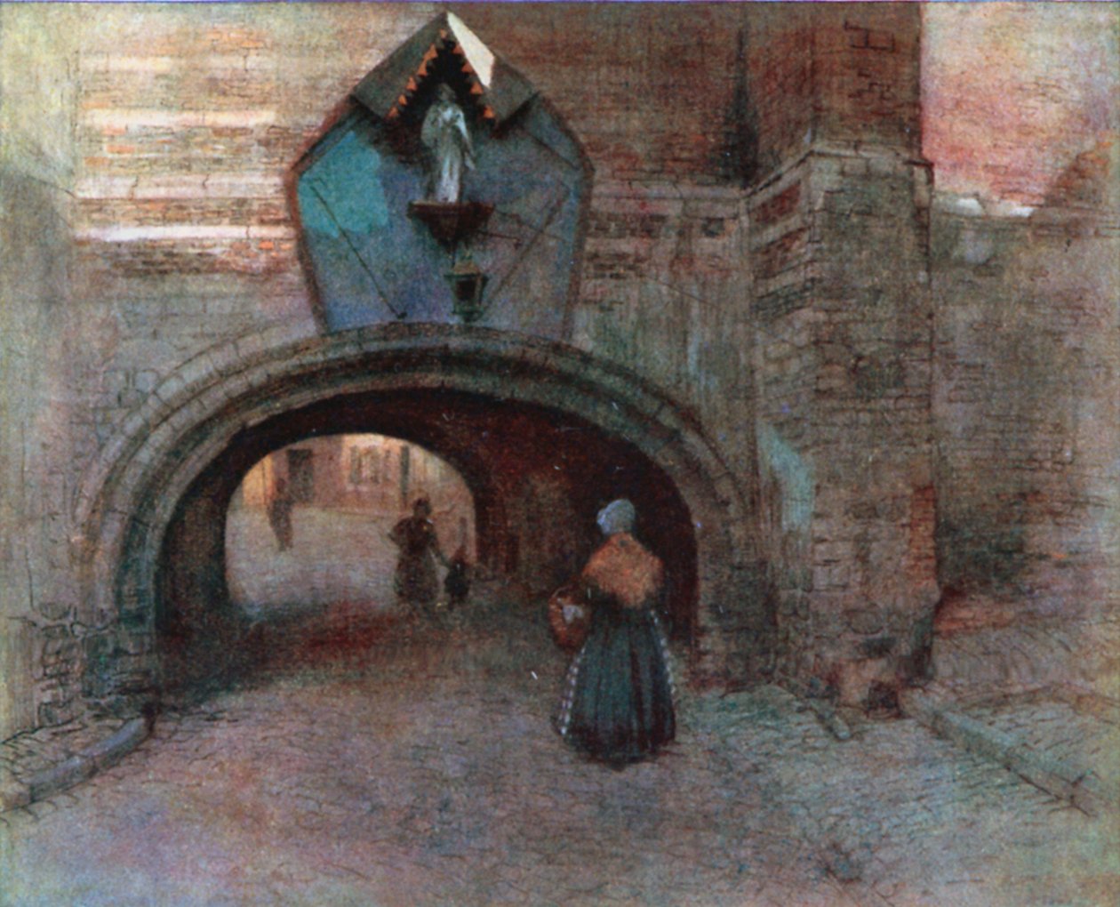 Bågporten under Vieille Boucherie, Antwerpen (färglitografi) av Amedee (after) Forestier