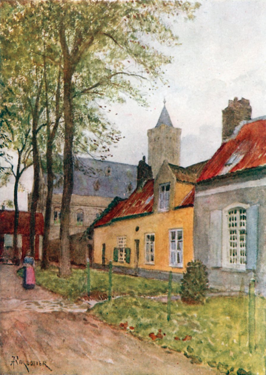 Hall och prästgård, Nieuport (färglitografi) av Amedee (after) Forestier
