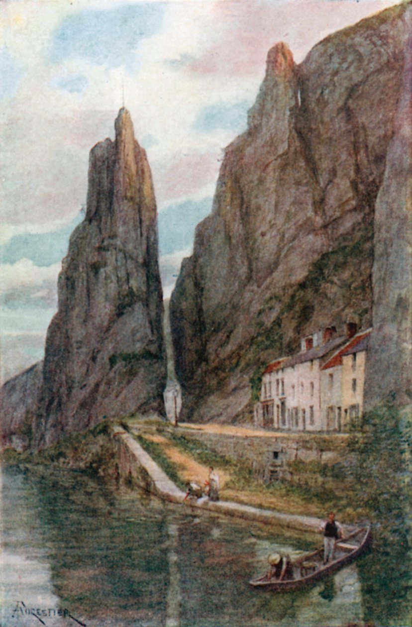 Le Rocher Bayard, Dinant (färglitografi) av Amedee (after) Forestier
