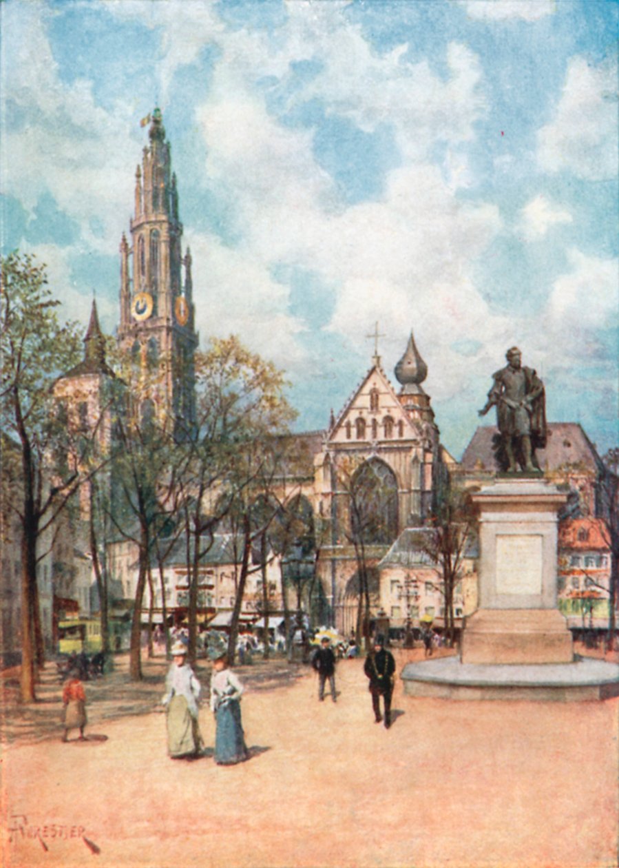Place Verte, Antwerpen (färglitografi) av Amedee (after) Forestier
