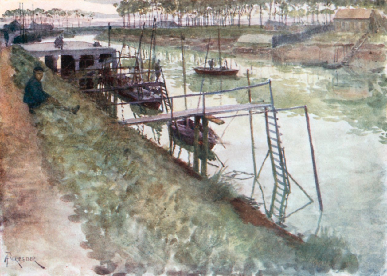Kajen, med ålbåtar och landningsplatser, Nieuport (färglitografi) av Amedee (after) Forestier