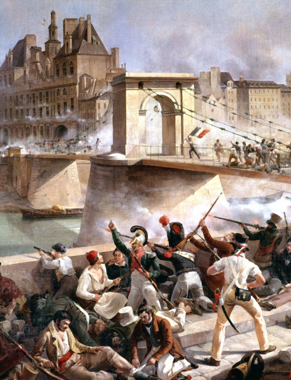 Arcole bridge, Capture of Paris stadshus den 28 juli av Amédée Bourgeois