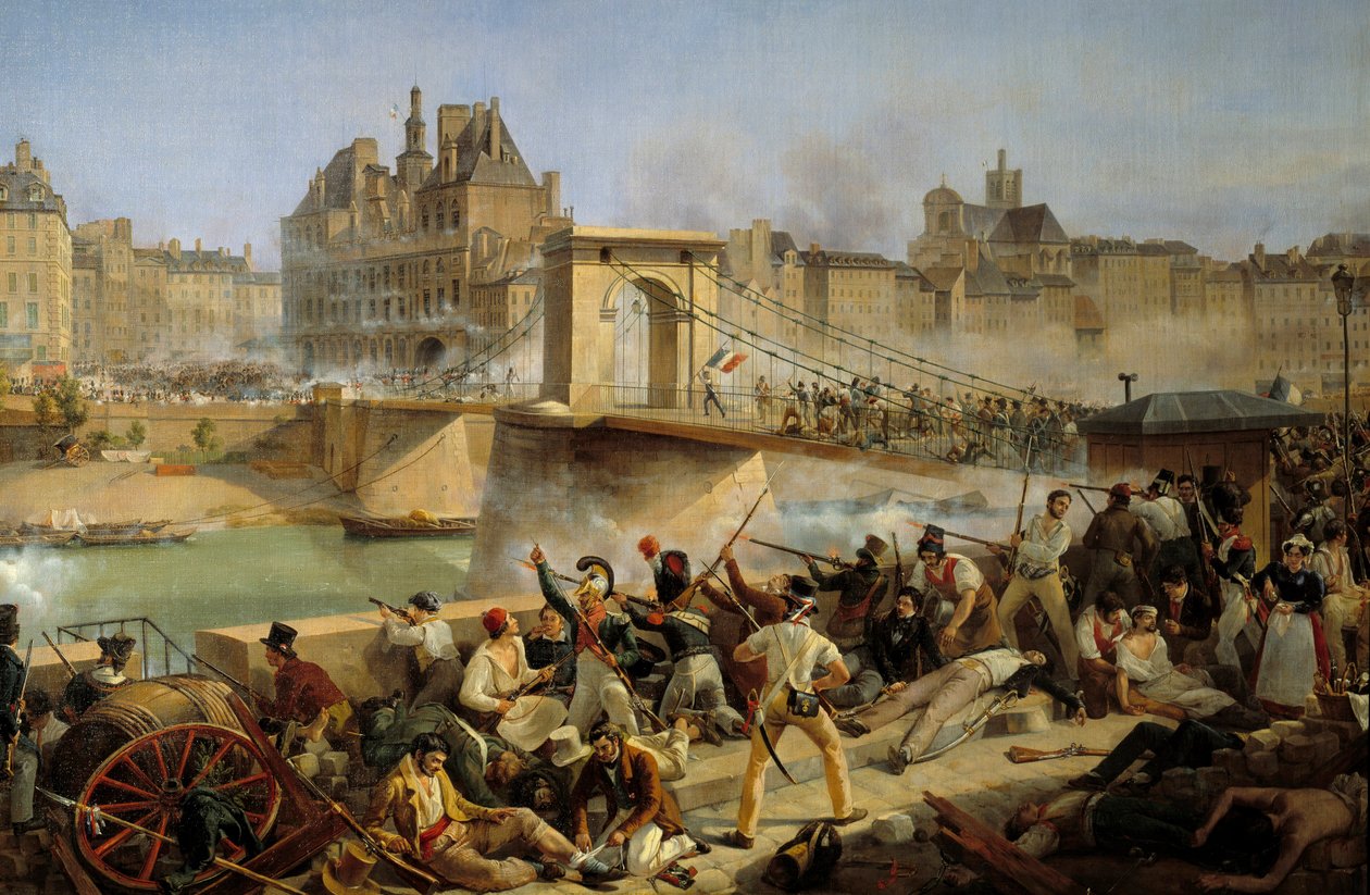 Revolutionen 1830, dag i juli: attack mot hotellet de Ville de Paris och kamp på bron Arcole, 28 juli 1830 (olja på duk) av Amédée Bourgeois