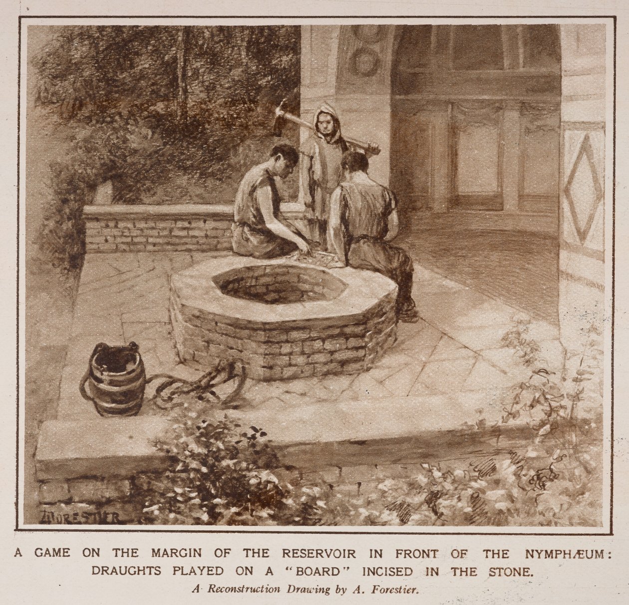 Ett spel på kanten av reservoaren framför Nymphaeum, från en artikel med titeln "The Country Life of the Romans in England" i Illustrated London News av Amedee Forestier