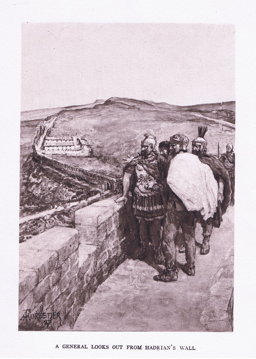En general ser ut över Hadrianus mur, illustration från The Roman Soldier, 1928 av Amedee Forestier