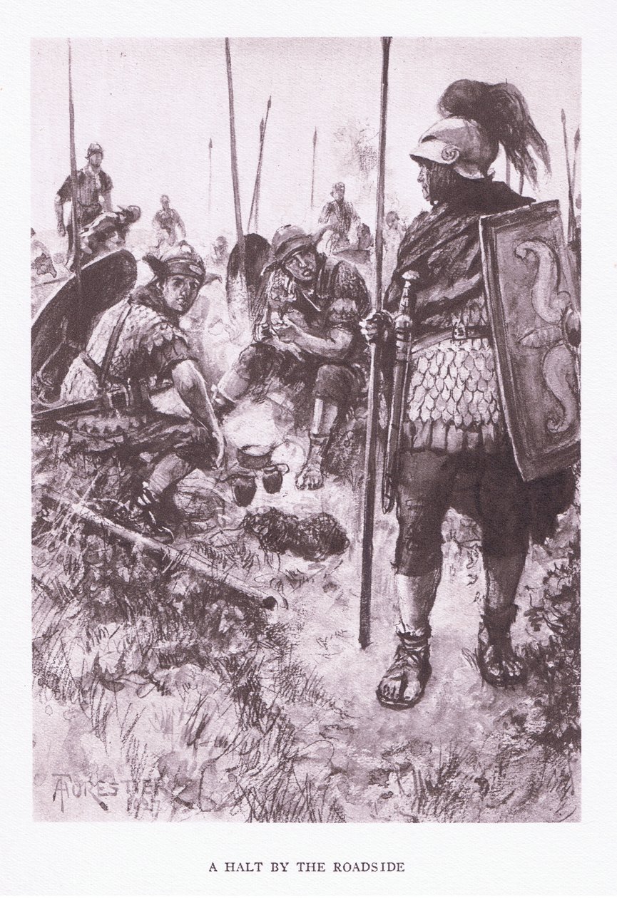 Ett stopp vid vägkanten, illustration från The Roman Soldier, 1928 av Amedee Forestier