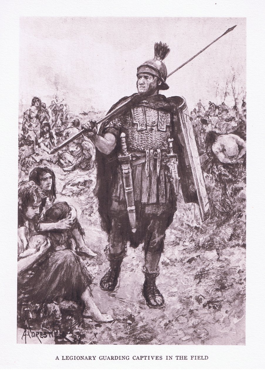 En legionär som vaktar fångar på ett fält, illustration från The Roman Soldier, 1928 av Amedee Forestier