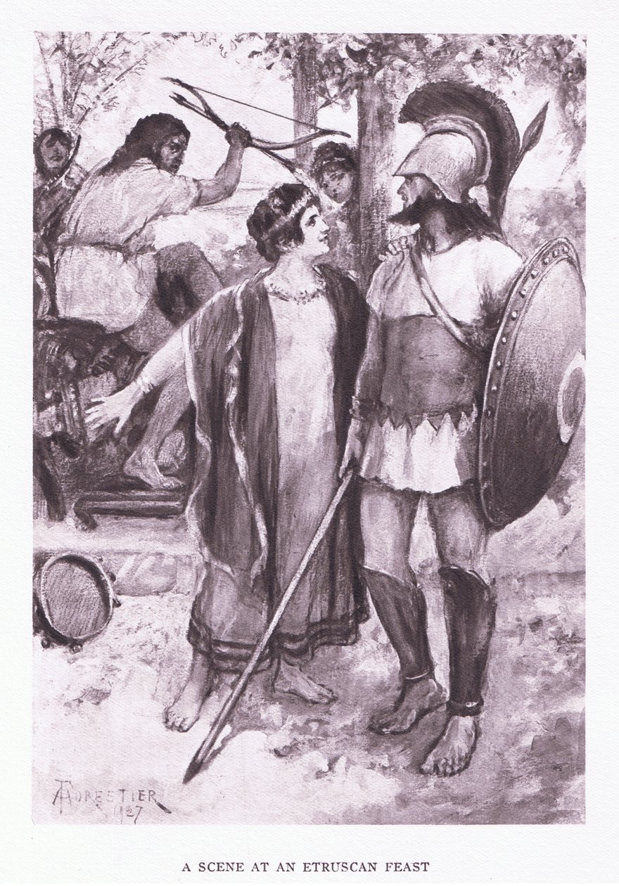 En scen vid en etruskisk fest, illustration från The Roman Soldier, 1928 av Amedee Forestier
