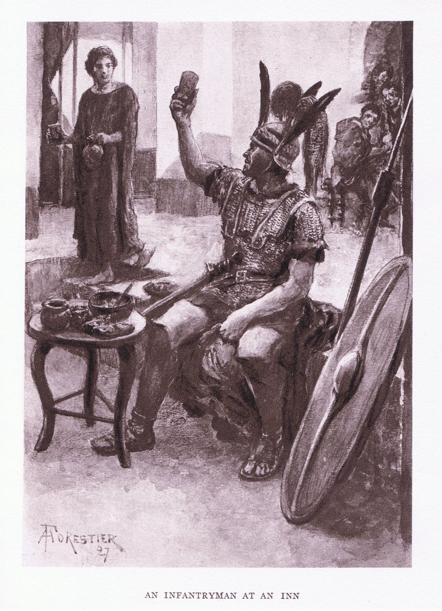 En infanterist på ett värdshus, illustration från The Roman Soldier, 1928 av Amedee Forestier