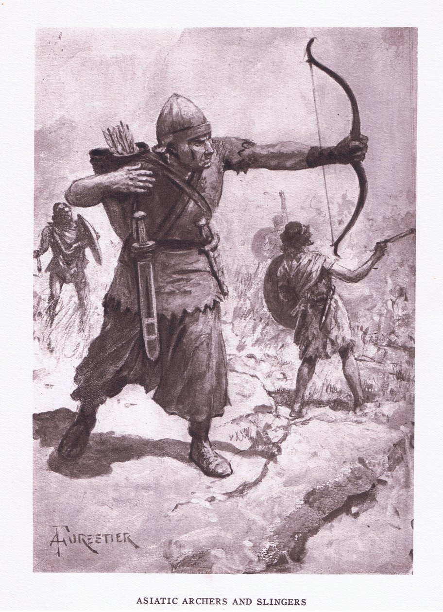 Asiatiska bågskyttar och anhängare, illustration från The Roman Soldier, 1928 av Amedee Forestier