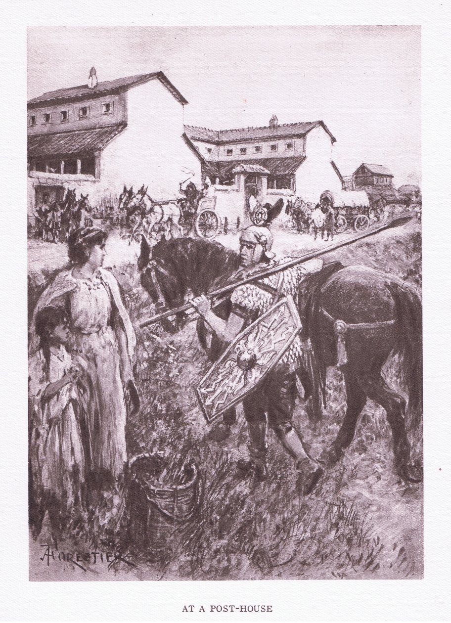 Vid ett posthus, illustration från The Roman Soldier, 1928 av Amedee Forestier