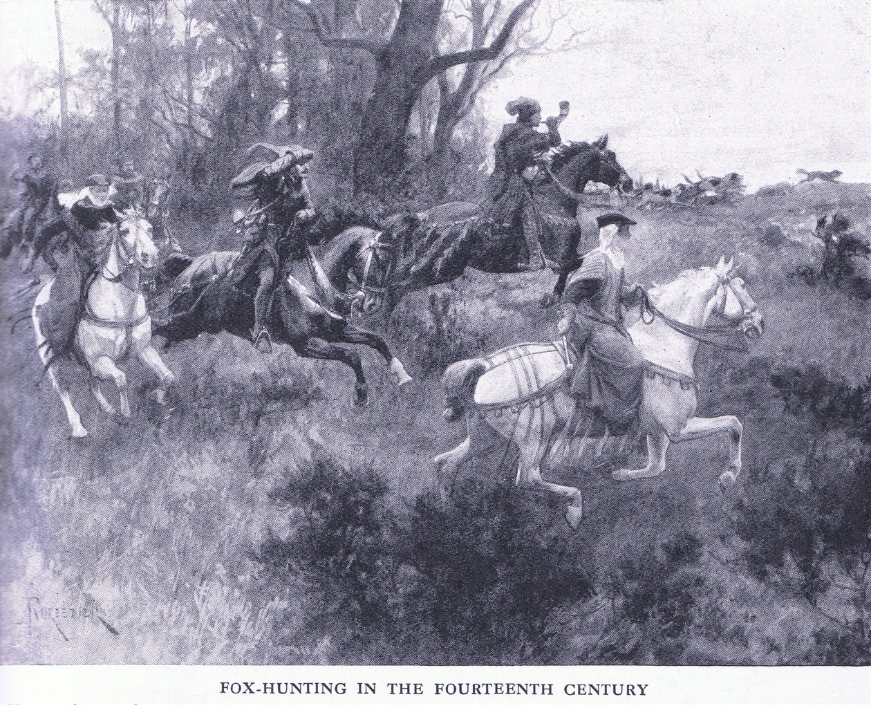 Rävjakt på fjortonhundratalet, från Cassells History of the British People utgiven av Waverley Book Company Limited, ca 1940. av Amedee Forestier