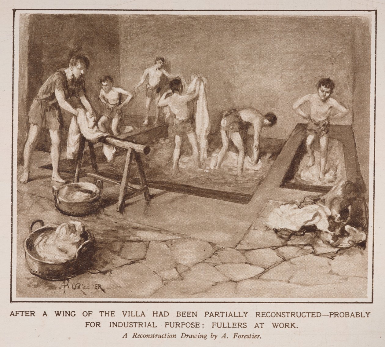Fullers at work, från en artikel med titeln "The Country Life of the Romans in England" i Illustrated London News av Amedee Forestier
