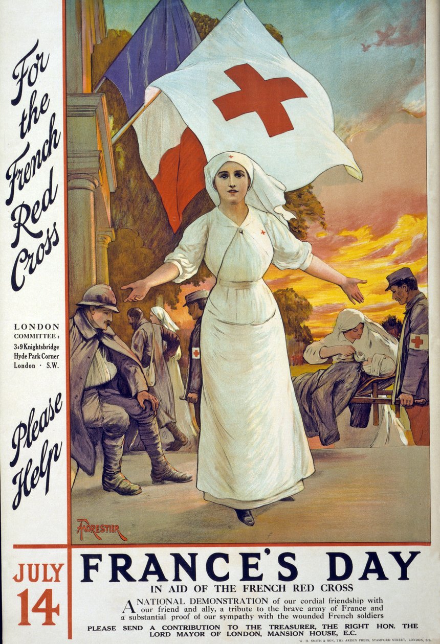 Uppmaning till förmån för franska Röda korset på Frankrikes dag, 14 juli, pub. London, ca 1915 av Amedee Forestier