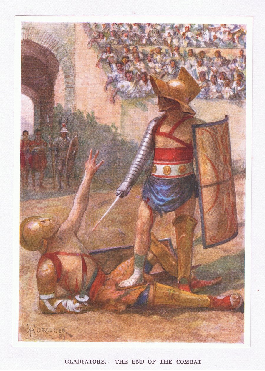 Gladiatorer, slutet på striden, illustration från The Roman Soldier, 1928 av Amedee Forestier