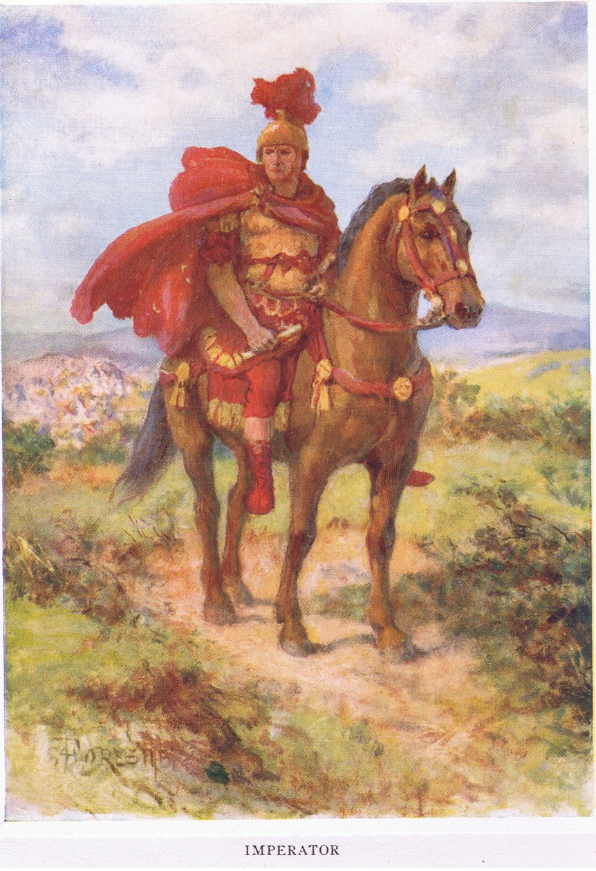 Imperator: ursprungligen var här, den segrande romerske generalen saluterades av sina soldater på fältet. Senare reserverades titeln endast för kejsare, illustration från The Roman Soldier, 1928 (colou av Amedee Forestier