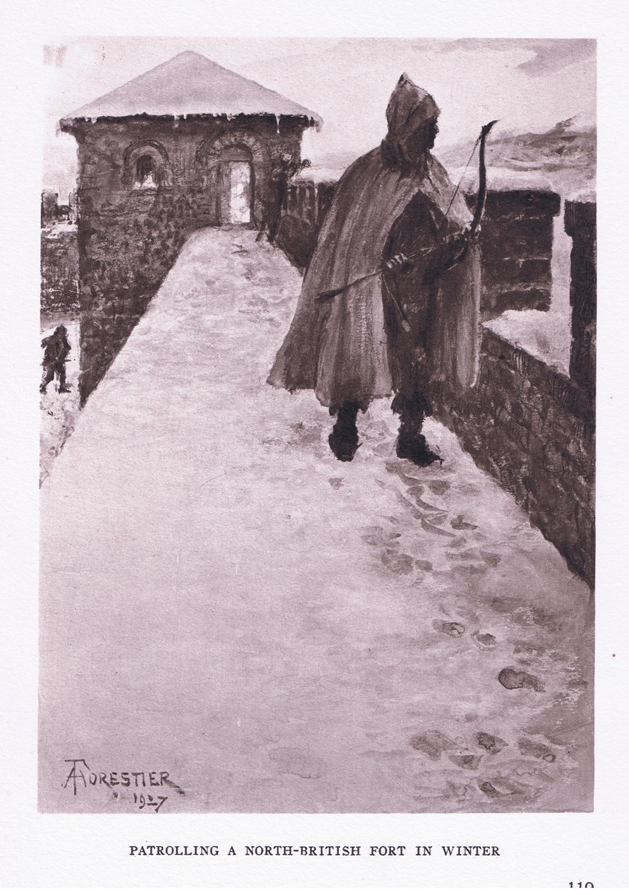 Patrullerar ett nordbrittiskt fort på vintern, illustration från The Roman Soldier, 1928 av Amedee Forestier
