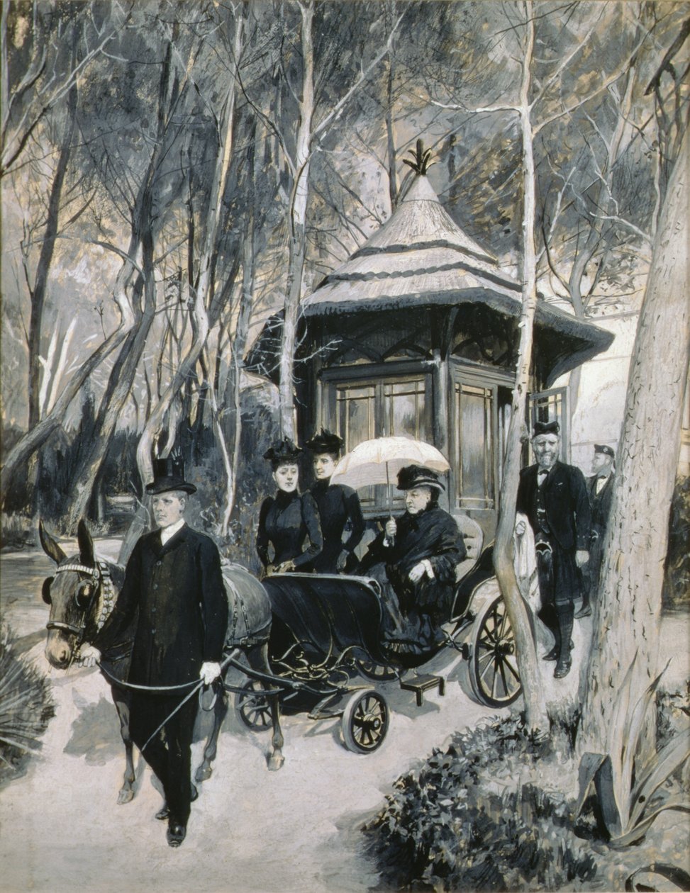 Drottning Victoria åker i en mulevagn med John Brown närvarande (grisaille) av Amedee Forestier