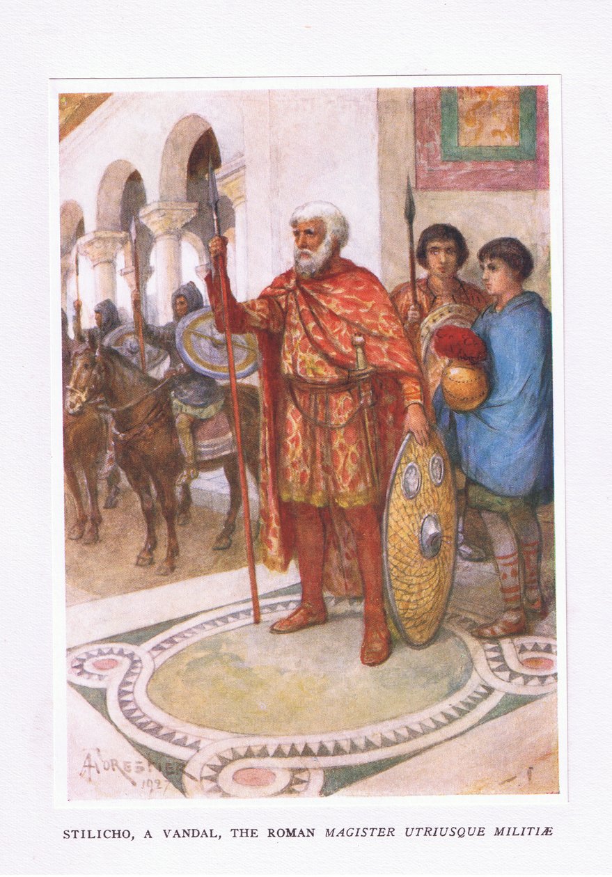 Stiliko, en vandal, The Roman Magister Utriusque Militiae, illustration från The Roman Soldier, 1928 av Amedee Forestier